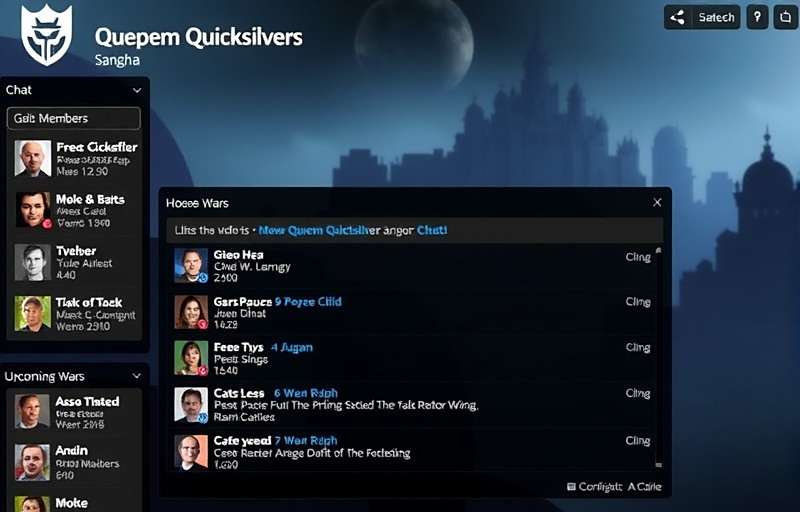 Quepem Quicksilvers Sangha (clan) interface showing members, chat, and upcoming wars