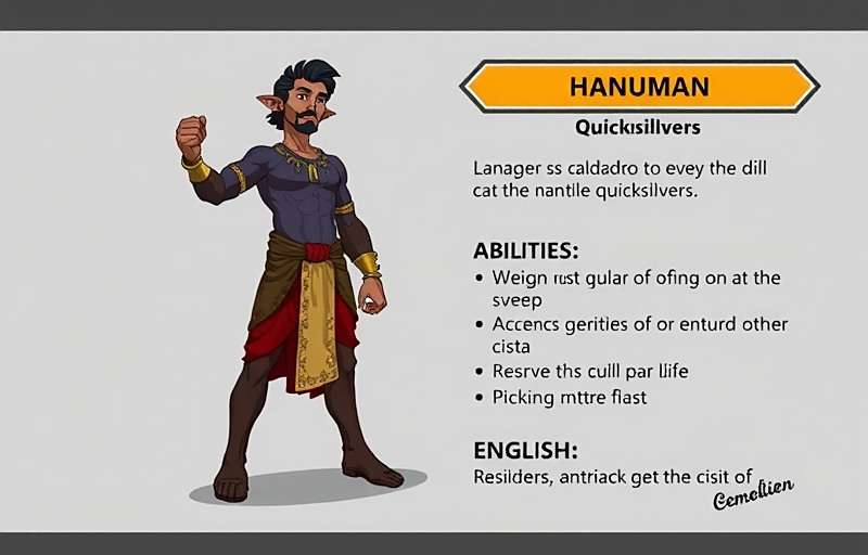Quepem Quicksilvers Hanuman character with ability descriptions in Hindi and English